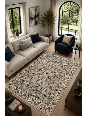 Home Royal Magnolia Krem Çiçek Desenli Modern Kaymaz Dijital Baskı Halı Yıkanabilir