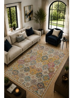 Mosaic Joy Renkli Bohem Vintage Desenli Modern Kaymaz Dijital Baskı Halı Yıkanabilir