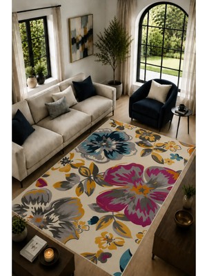Rustic Flora Bohem Çiçek Desenli Modern Kaymaz Dijital Baskı Halı Yıkanabilir