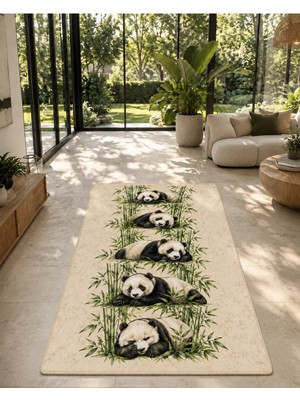 Panda ve Bambu Desenli Dekoratif Halı – Dijital Baskılı Kaymaz Taban Yıkanabilir Modern Tasarım Halı, Farklı Ölçü Seçenekleri Dijital Baskı Halı