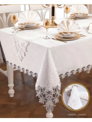 Ceki Home Helena Yemek Takımı Masa Seti 12 Kişilik 26 Parça 155 × 220 cml Runner Set Kreme Krem