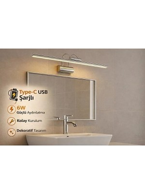 Mobzar 35 cm / USB Şarjlı / Gold Kasa / Resim / Tablo / Ayna Üstü / Banyo / Ledli Aplik Flüt 3000K Günışığı