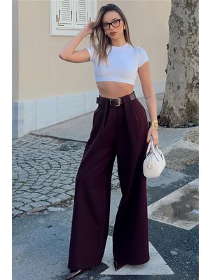 Swist Bordo Nikki Pile Detaylı Kemerli Bol Paça Kadın Palazzo Pantolon