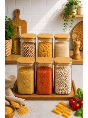 Dilay Home 6'lı 1500 ml Bambu Kapaklı Kare Cam Baharatlık Drajelik ve Erzak Kabı