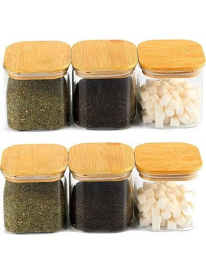 Dilay Home 6'lı 800 ml Bambu Kapaklı Kare Cam Baharatlık Drajelik ve Erzak Kabı