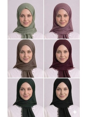 Düz Flamlı Pamuklu Tülbent Eşarp 6'lı Set ( Adaçayı Yeşili -Gül Kurusu - Vizon -Bordo - Haki - Siyah )