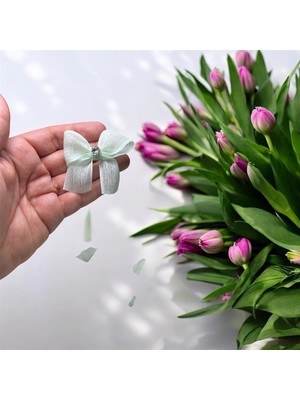 Light of Love Taş Detaylı Açık Mint Yeşili Hazır Fiyonk - Keten Kurdele - 25 Adet