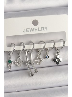 Uravas Store Pirinç Gümüş Renk Zirkon Taşlı Çoklu Figür Kadın Küpe Seti