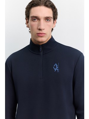AVVA Erkek Lacivert Dik Yaka Fermuarlı Baskılı Kolay Ütülenen Pamuklu Regular Fit Sweatshirt A62Y1310