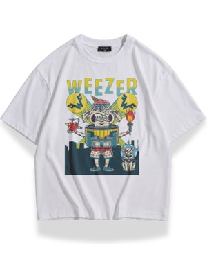Fuddy Moda Unisex Weezer Konser Posteri Baskılı Bisiklet Yaka Tişört, Oversize Rock Band Temalı Tshirt