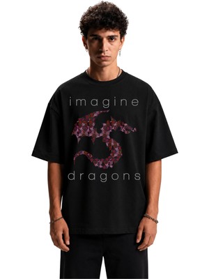 Fuddy Moda Unisex Imagine Dragons Baskılı Bisiklet Yaka Tişört, Oversize Rock Band Temalı Tshirt
