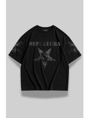 Fuddy Moda Unisex Sepultura Kol Baskılı Bisiklet Yaka Tişört, Oversize Rock Band Temalı Tshirt
