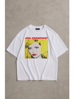 Fuddy Moda Unisex Blondie Baskılı Bisiklet Yaka Tişört, Oversize Rock Band Temalı Tshirt