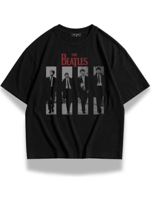 Fuddy Moda Unisex The Beatles Members Baskılı Bisiklet Yaka Tişört, Oversize Rock Band Temalı Tshirt