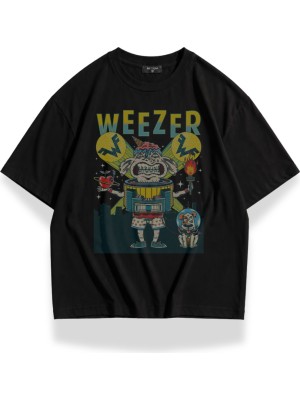 Fuddy Moda Unisex Weezer Konser Posteri Baskılı Bisiklet Yaka Tişört, Oversize Rock Band Temalı Tshirt