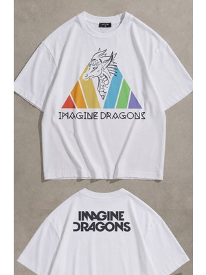 Fuddy Moda Unisex Imagine Dragons Colourful Ense Baskılı Tişört, Oversize Rock Band Temalı Tshirt