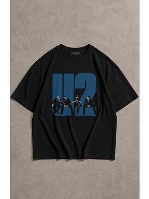 Fuddy Moda Unisex U2 Members Baskılı Bisiklet Yaka Tişört, Oversize Rock Band Temalı Tshirt
