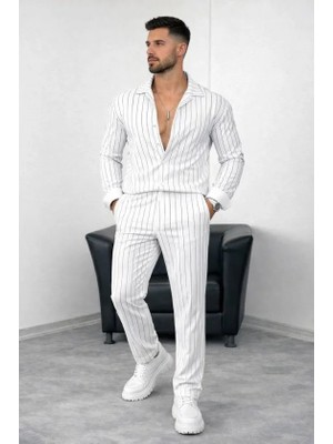 Sidelya Concept Erkek Çizgili Krep Kumaş Krem Gömlek Pantolon Alt Üst Takım Uzun Kollu - Beyaz