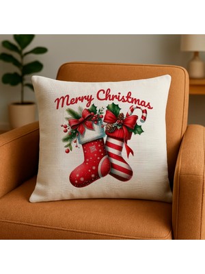 Minoza Dijital Baskılı Christmas Çorap Desenli Kırlent Kılıfı 43X43 cm Christmas Sock Cushion 1 Adet