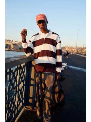 DeFacto Boxy Fit Rahat Kesim Polo Yaka Düğmeli Çizgili Sweatshirt F0857AX26AU
