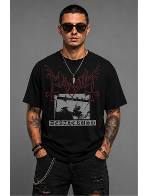 Fuddy Moda Unisex Mayhem Deathcrush Baskılı Bisiklet Yaka Tişört, Oversize Rock Band Temalı Tshirt