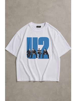 Fuddy Moda Unisex U2 Members Baskılı Bisiklet Yaka Tişört, Oversize Rock Band Temalı Tshirt