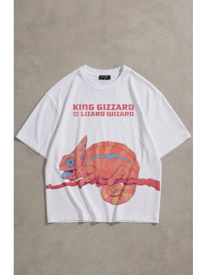 Fuddy Moda Unisex Oversize King Gizzard And The Lizard Wizard Chameleon Baskılı Bisiklet Yaka Tişört