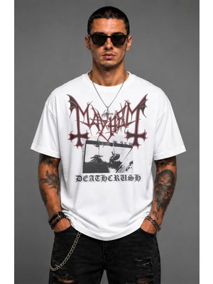 Fuddy Moda Unisex Mayhem Deathcrush Baskılı Bisiklet Yaka Tişört, Oversize Rock Band Temalı Tshirt