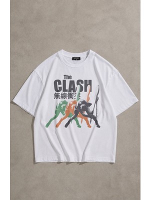 Fuddy Moda Unisex The Clash Baskılı Bisiklet Yaka Tişört, Oversize Rock Band Temalı Tshirt