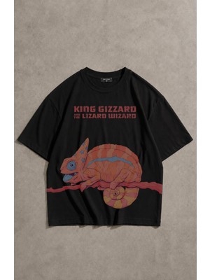 Fuddy Moda Unisex Oversize King Gizzard And The Lizard Wizard Chameleon Baskılı Bisiklet Yaka Tişört