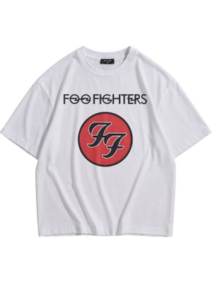 Fuddy Moda Unisex Foo Fighters Logo Baskılı Bisiklet Yaka Tişört, Oversize Rock Band Temalı Tshirt