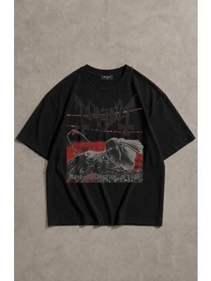 Fuddy Moda Unisex Mayhem Baskılı Bisiklet Yaka Tişört, Oversize Rock Band Temalı Tshirt