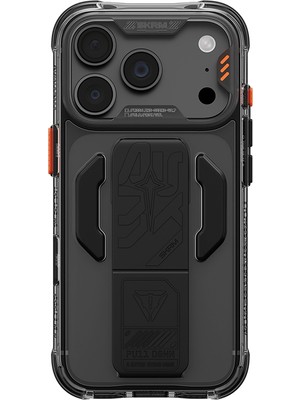 iPhone 18 Pro Max Kılıf M-Safeli Teknoloji Desenli Skinarma Helio Ce Mag Charge Standlı Kapak Füme
