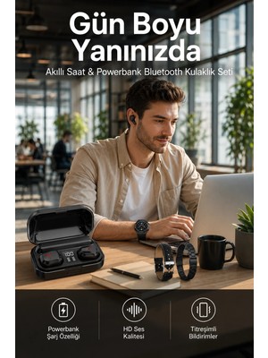 Astraltech Ucuz Kaliteli Akıllı Saat ve Powerbank Bluetooth Kulaklık 5.1 Stereo Anc Özelliği