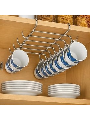 Uravas Store Alper Banyo 10 Kancalı Krom Fincanlık, Rafa Geçmeli Kupa Askısı, Dolap Altı Fincan Düzenleyici, Montajsız Metal Mutfak Organizer