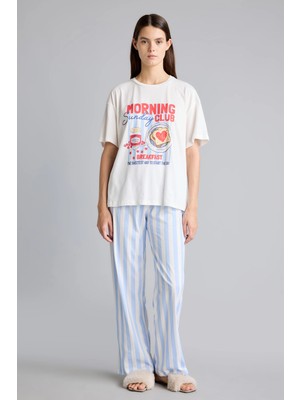 DeFacto %100 Pamuk Regular Fit Kısa Kollu Baskılı Çizgili 2'li Pijama Takımı I8337AX26AU