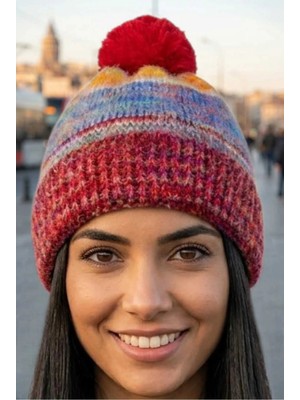 Tezzgelsin Kadın Ebruli Desenli Ponponlu Örme Triko Kışlık Bere