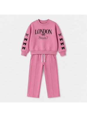 Yiğit Butik Kız Çocuk London Yazılı Fiyonk Detaylı Sweatshirt Pantolon Alt Üst Takım