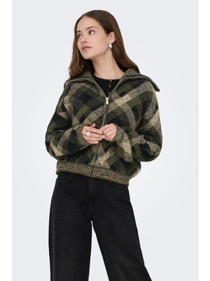 Only Onlmaroon Kareli Geniş Yaka Fermuarlı Kazak Kadın Kazak 15358211