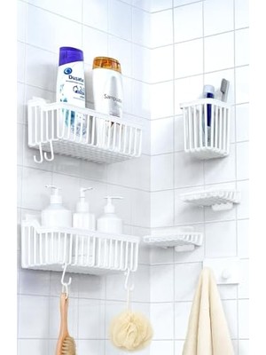 Velora Banyor 6'lı Banyo Seti Yapışkanlı Banyo Düzenleyici Şampuanlık Diş Fırçalık Sabunluk Askılık Takımı Beyaz