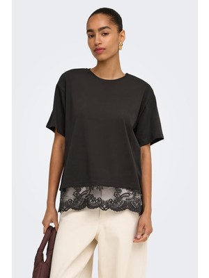 Only Onlvivvi Pamuklu Bisiklet Yaka Dantel Detaylı T Shirt Kadın T Shirt 15385031