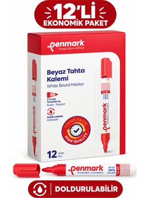 Penmark HS-305 Kırmızı Doldurulabilir Beyaz Tahta Kalemi 12'li Kutu