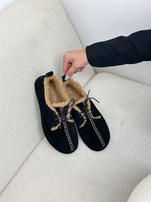 Erva'nın Butiği Siyah Hakiki Deri (Sorry) Içi Peluş Bağcıklı Kadın Ayakkabı
