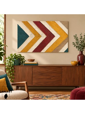 Gaagart Tekli Yatay Kanvas Tablo Dijital Baskı Hardal Bordo Yeşil Geometrik Şeritler Retro Tablo