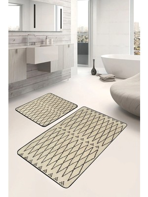 Mikasso Krem - Siyah Zeminde Kilim Motifli Yöresel Geometrik Eskitme Motifli 2'li Banyo Mutfak Paspas Takımı