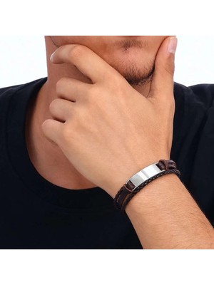 Tesbihname Minimal Tasarım Kahverengi Deri & Gümüş Renk Plaka Kişiye Özel Isim/harf Yazılı Erkek Bileklik