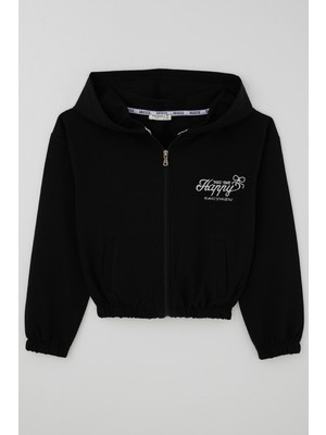 Breeze Kız Çocuk Hırka Yazı Nakışlı Kapüşonlu Bel Kısmı Lastikli 9-14 Yaş, Siyah