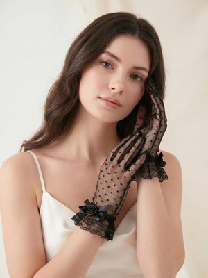 Elegance Scarf Kısa Puantiyeli Tül Dantel Çiçekli Gelin Eldiveni Nikah Düğün Abiye Davet Eldiveni Siyah