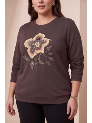 Rmg Özel Baskı Detaylı Büyük Beden Örme Modal Sweatshirt Kahve