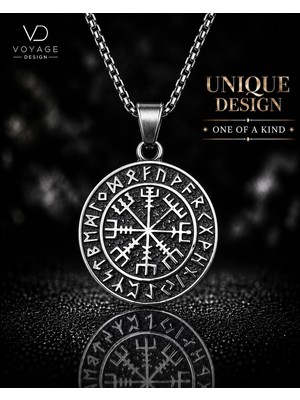 Voyage Accessory Paslanmaz Çelik  Rün Harf Detaylı  Kolye Çift Taraflı Vegvisir Viking Pusula Kolye